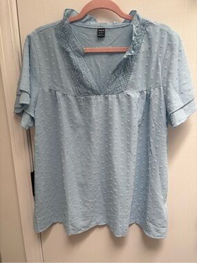 SHEIN Pale Blue Swiss-Dot Lace V-Neck Blouse